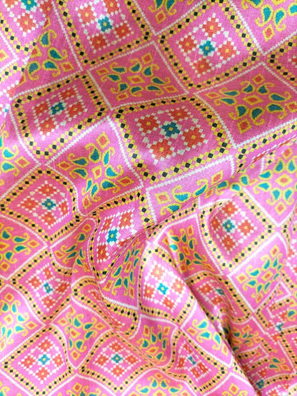 Pink Digital Printed Tussar Silk Patola Design Fabric ( 1 Mtr )