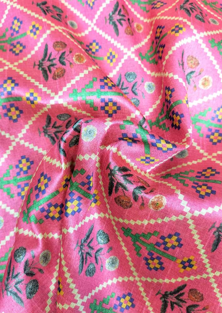 Pink Digital Printed Tussar Silk Patola Design Fabric ( 1 Mtr ) - Luxurion World