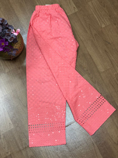 Pink Embroiderded Chikankari Cotton Stitched Sequins Work Pant - Luxurion World