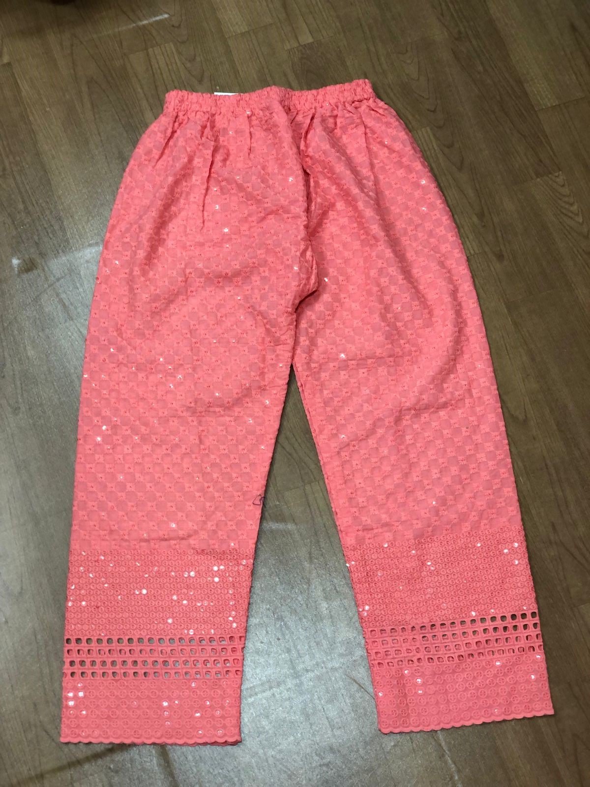 Pink Embroiderded Chikankari Cotton Stitched Sequins Work Pant - Luxurion World