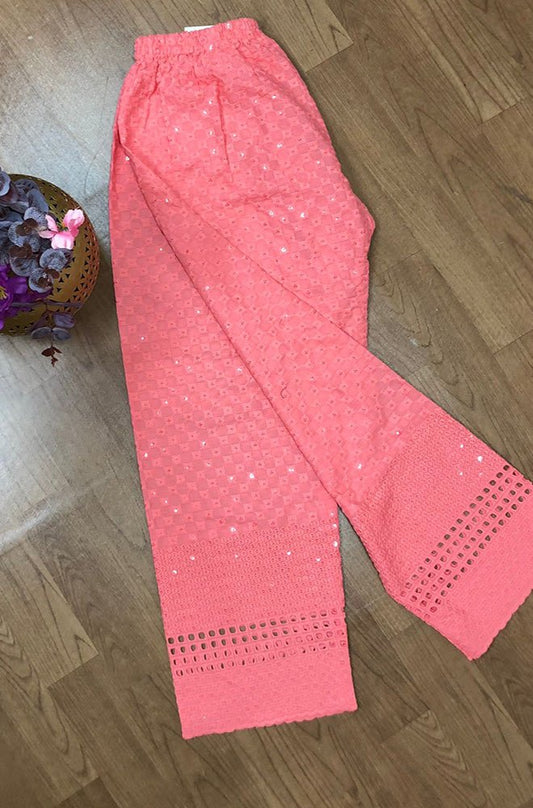 Pink Embroiderded Chikankari Cotton Stitched Sequins Work Pant - Luxurion World