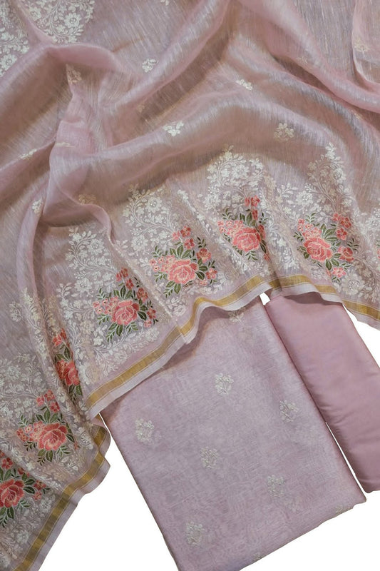 Pink Embroidered Banarasi Linen Silk Three Piece Unstitched Suit Set - Luxurion World