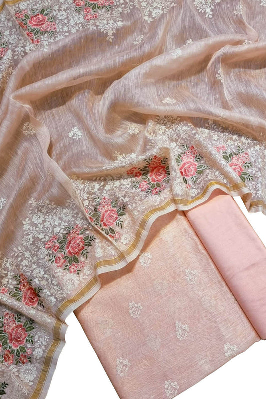 Pink Embroidered Banarasi Linen Silk Three Piece Unstitched Suit Set - Luxurion World