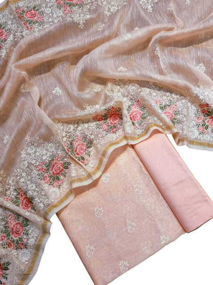Pink Embroidered Banarasi Linen Silk Three Piece Unstitched Suit Set Luxurionworld