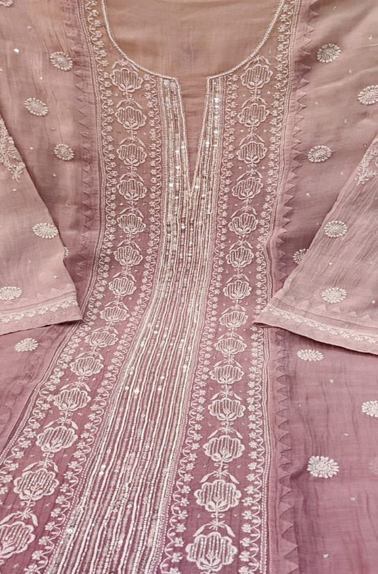 Chic Pink Chikankari Chanderi Silk Suit Set: Embroidered & Unstitched - Luxurion World
