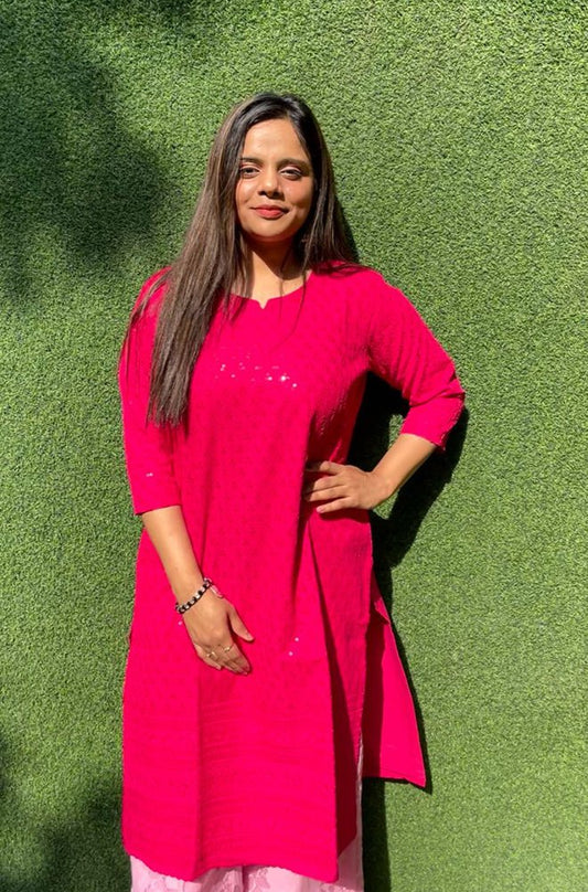 Pink Embroidered Chikankari Cotton Stitched Kurti - Luxurion World