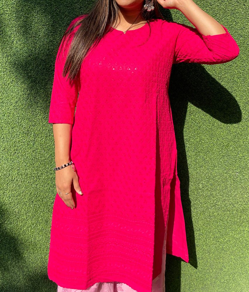 Pink Embroidered Chikankari Cotton Stitched Kurti - Luxurion World