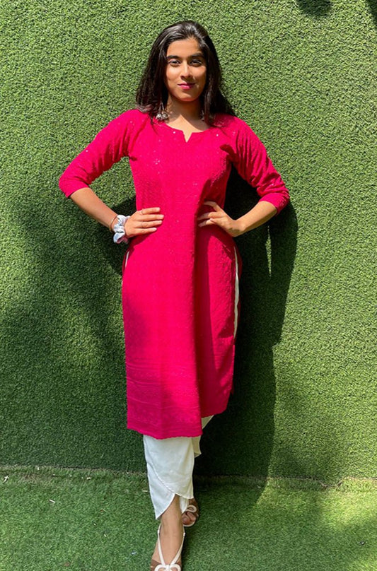 Pink Embroidered Chikankari Cotton Stitched Kurti - Luxurion World
