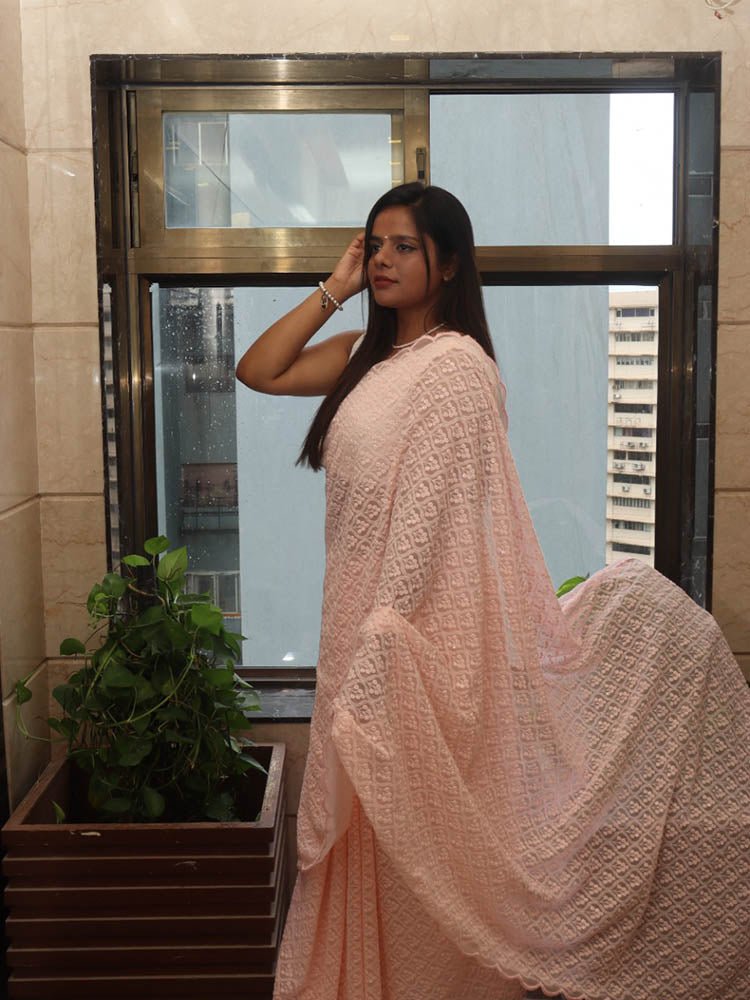 Pink Embroidered Chikankari Georgette Sequins Work Saree - Luxurion World