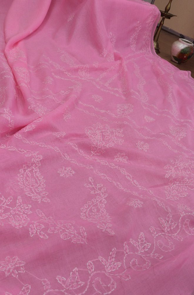 Pink Embroidered Chikankari Pure Cotton Saree Luxurionworld