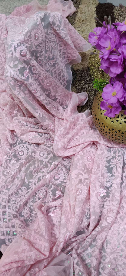 Pink Embroidered Chikankari With Parsi Gara Work Pure Georgette Dupatta - Luxurion World