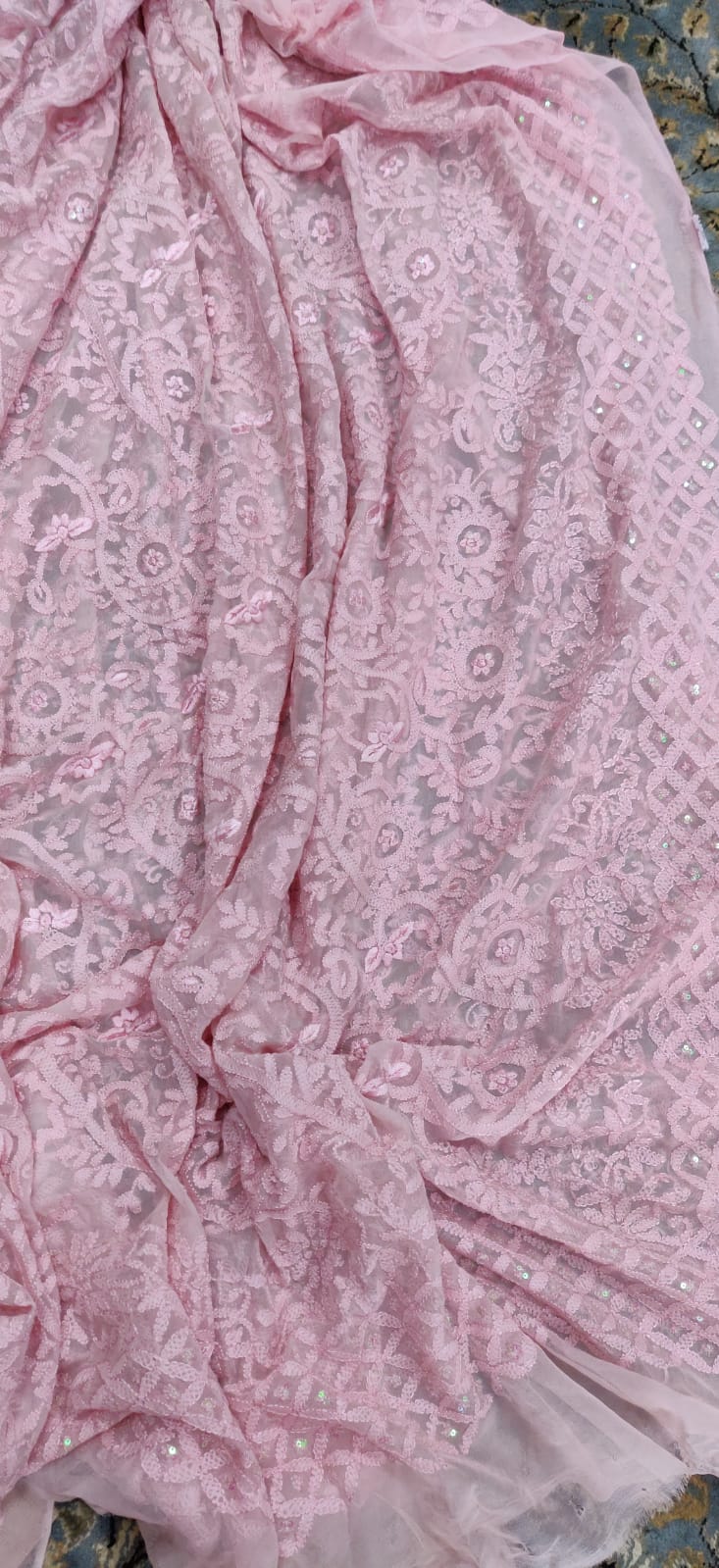 Pink Embroidered Chikankari With Parsi Gara Work Pure Georgette Dupatta