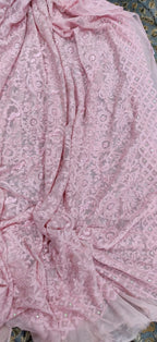 Pink Embroidered Chikankari With Parsi Gara Work Pure Georgette Dupatta - Luxurion World
