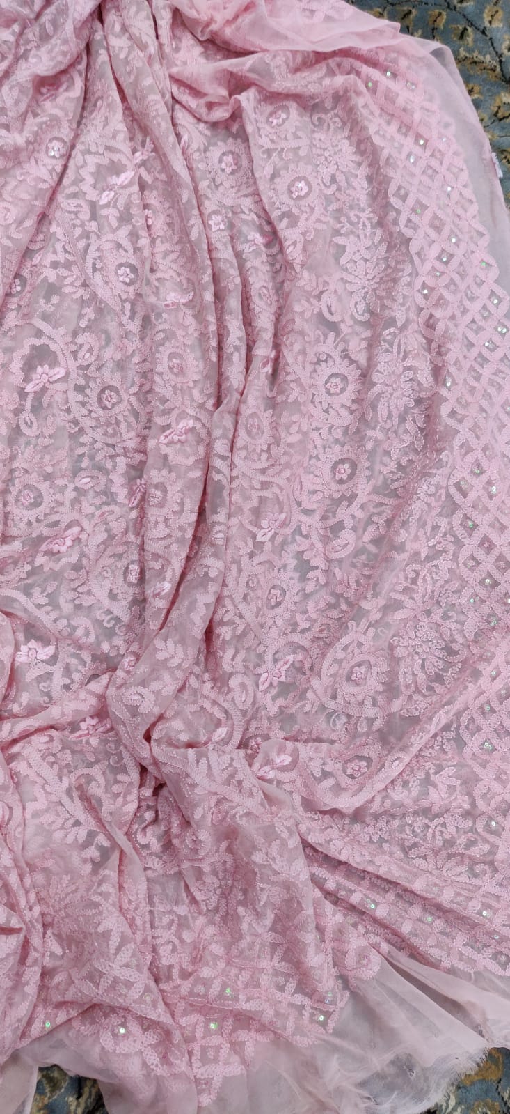 Pink Embroidered Chikankari With Parsi Gara Work Pure Georgette Dupatta - Luxurion World