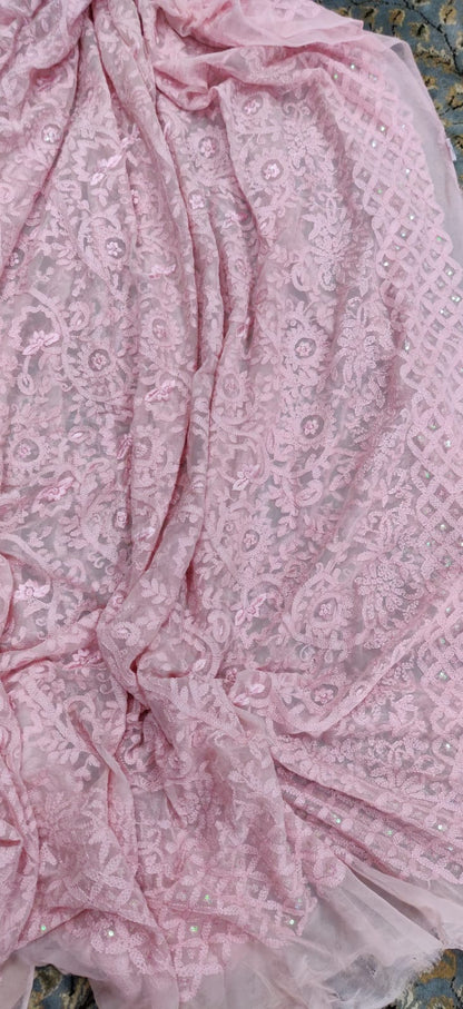 Pink Embroidered Chikankari With Parsi Gara Work Pure Georgette Dupatta ...