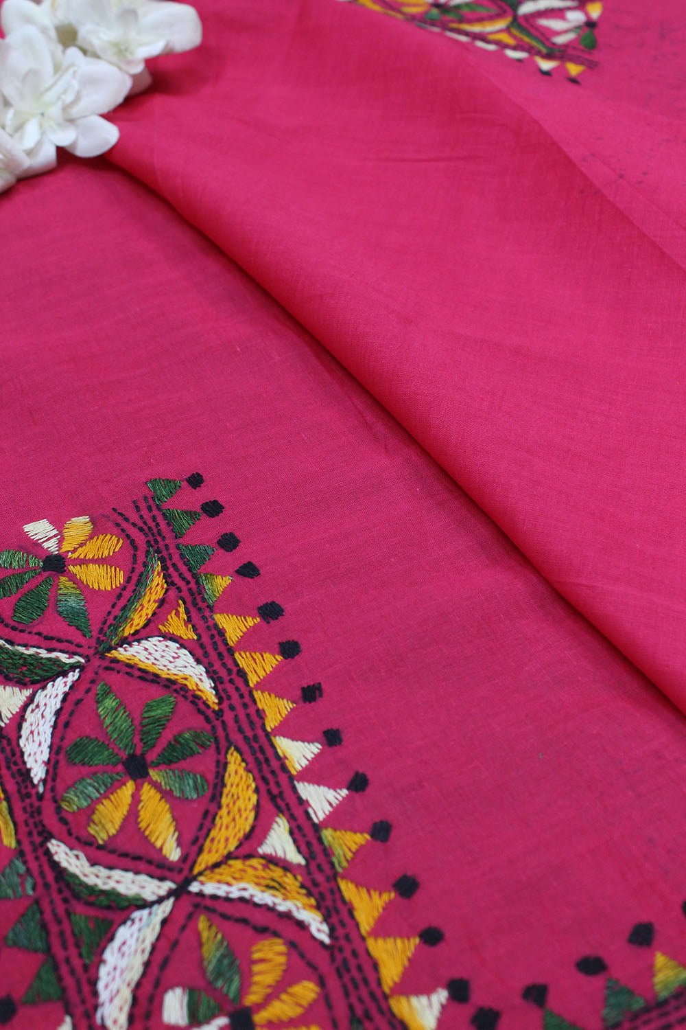 Pink Embroidered Kantha Cotton Blouse Piece Fabric ( 1 Mtr )