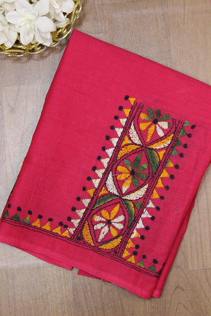 Pink Embroidered Kantha Cotton Blouse Piece Fabric ( 1 Mtr )