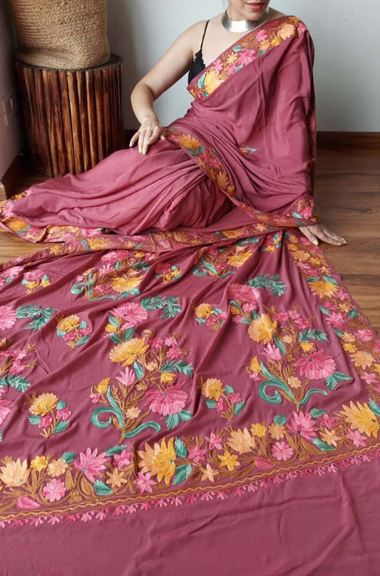 Pink Embroidered Kashmiri Aari Work Crepe Saree - Luxurion World