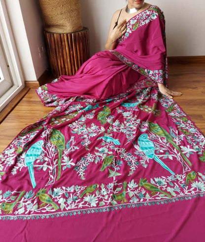 Pink Embroidered Kashmiri Aari Work Crepe Saree - Luxurion World