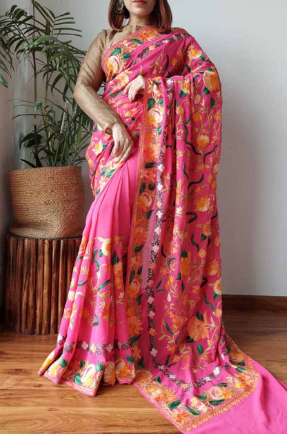 Pink Embroidered Kashmiri Aari Work Georgette Floral Design Saree - Luxurion World