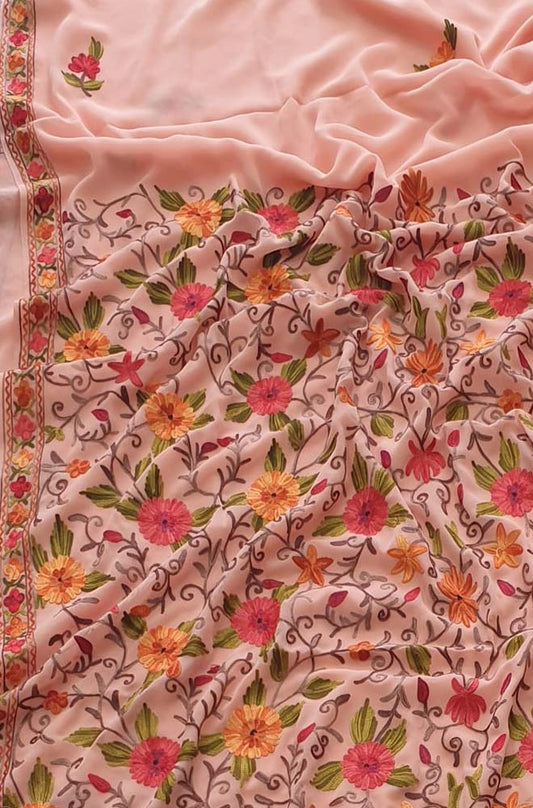 Pink Embroidered Kashmiri Aari Work Georgette Floral Design Saree