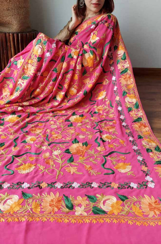 Pink Embroidered Kashmiri Aari Work Georgette Floral Design Saree