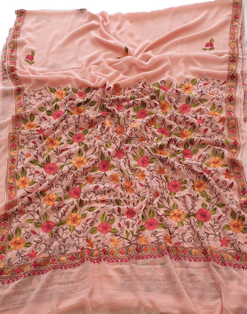 Pink Embroidered Kashmiri Aari Work Georgette Floral Design Saree - Luxurion World