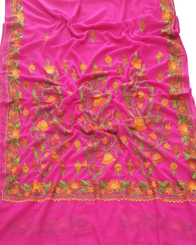 Pink Embroidered Kashmiri Aari Work Georgette Flower Design Saree - Luxurion World