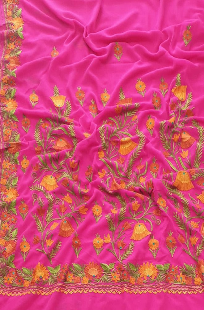 Pink Embroidered Kashmiri Aari Work Georgette Flower Design Saree