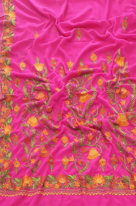 Pink Embroidered Kashmiri Aari Work Georgette Flower Design Saree - Luxurion World