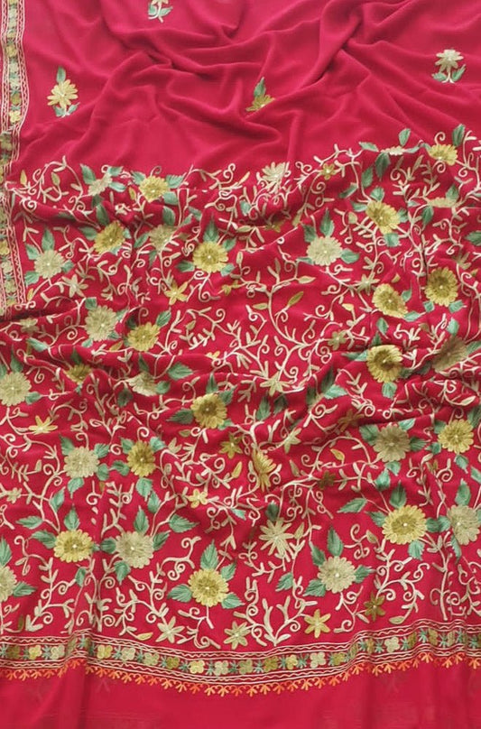 Pink Embroidered Kashmiri Aari Work Georgette Saree - Luxurion World