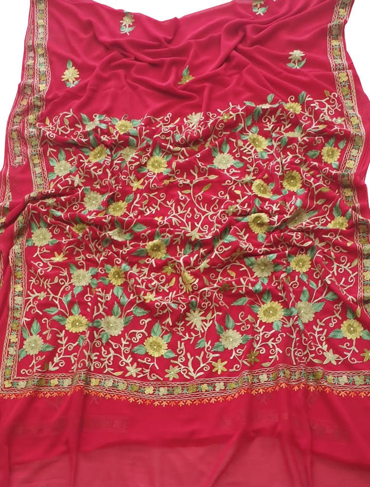 Pink Embroidered Kashmiri Aari Work Georgette Saree - Luxurion World