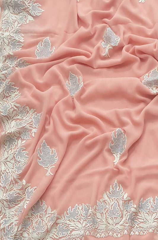 Pink Embroidered Kashmiri Aari Work Georgette Saree - Luxurion World
