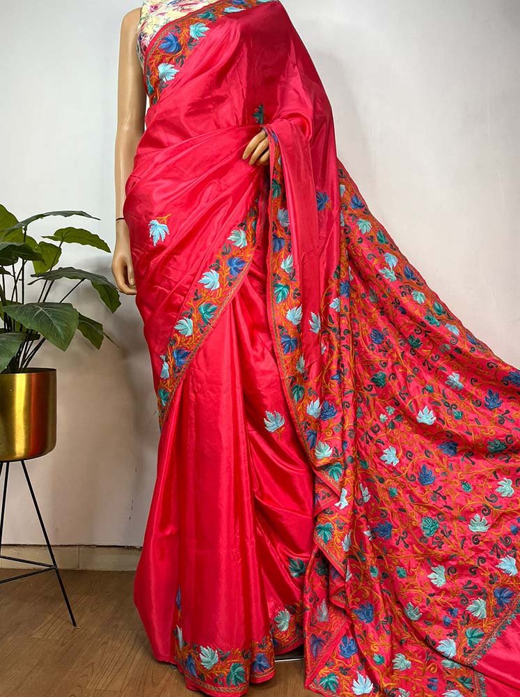 Pink Embroidered Kashmiri Aari Work Silk Floral Design Saree