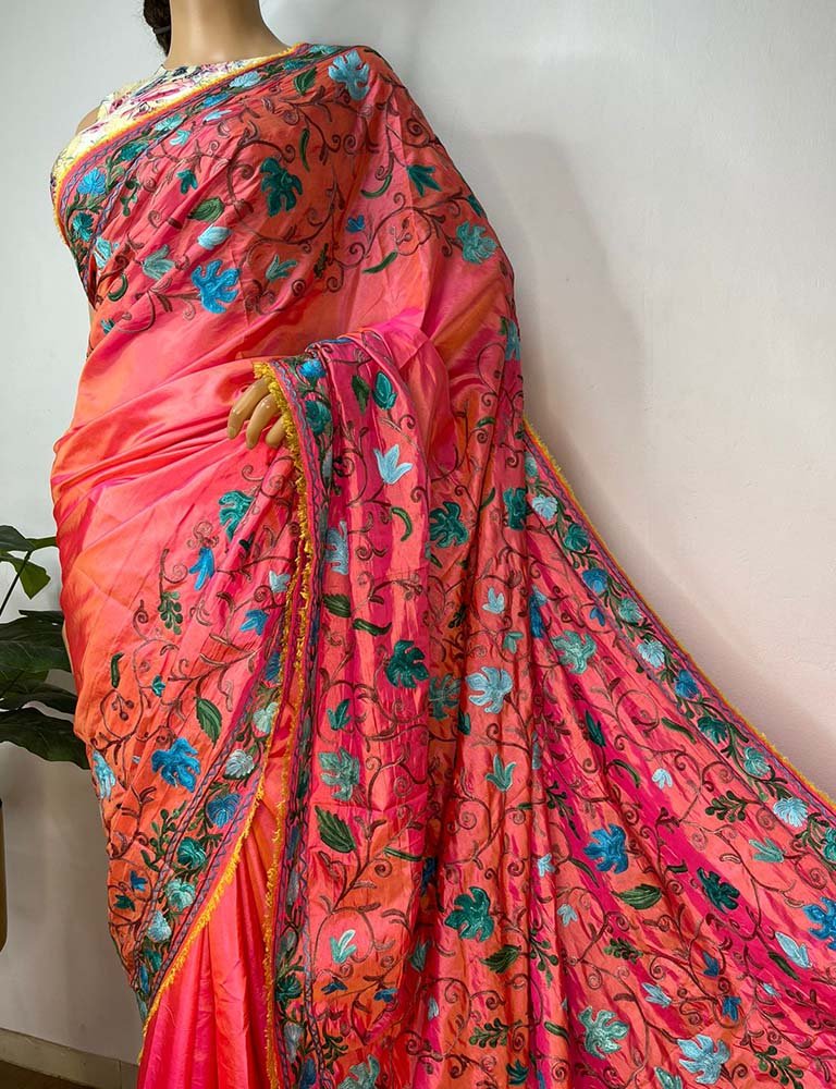 Pink Embroidered Kashmiri Aari Work Silk Floral Design Saree - Luxurion World