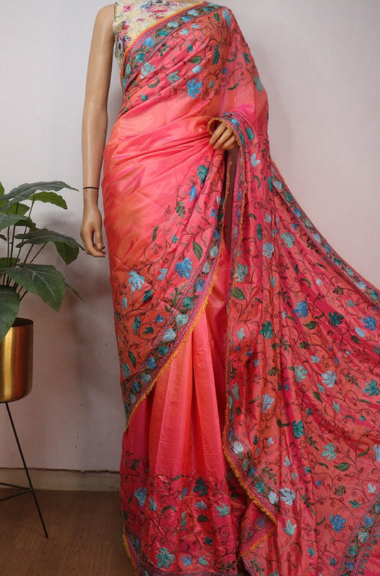 Pink Embroidered Kashmiri Aari Work Silk Floral Design Saree - Luxurion World