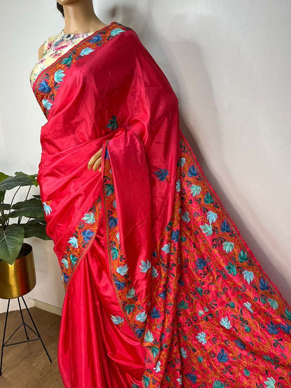 Pink Embroidered Kashmiri Aari Work Silk Floral Design Saree
