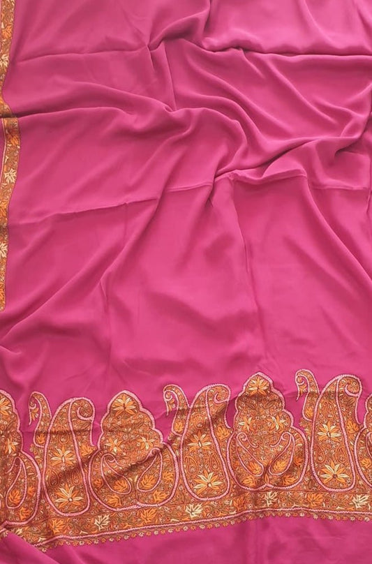 Pink Embroidered Kashmiri Sozni Work Crepe Flower Design Saree