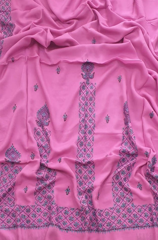 Pink Embroidered Kashmiri Sozni Work Crepe Flower Design Saree