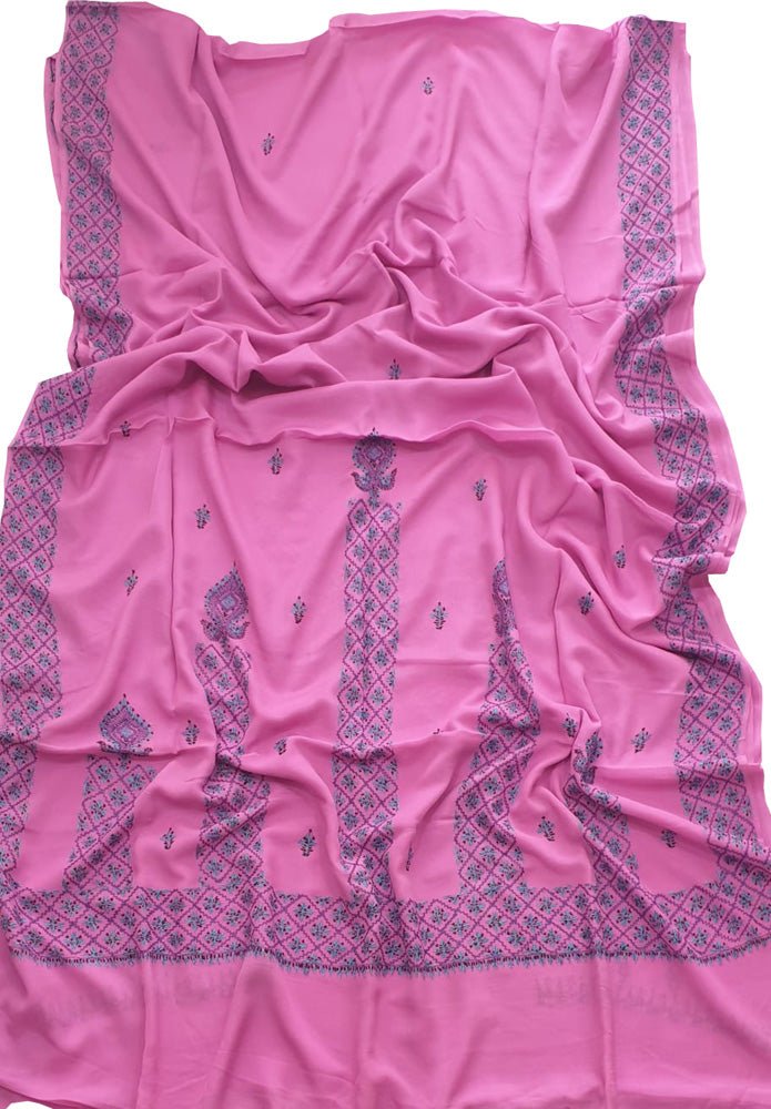 Pink Embroidered Kashmiri Sozni Work Crepe Flower Design Saree - Luxurion World