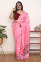 Pink Embroidered Kashmiri Sozni Work Pure Silk Saree - Luxurion World