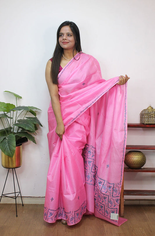 Pink Embroidered Kashmiri Sozni Work Pure Silk Saree - Luxurion World