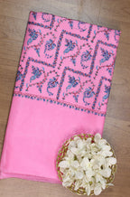 Pink Embroidered Kashmiri Sozni Work Pure Silk Saree - Luxurion World