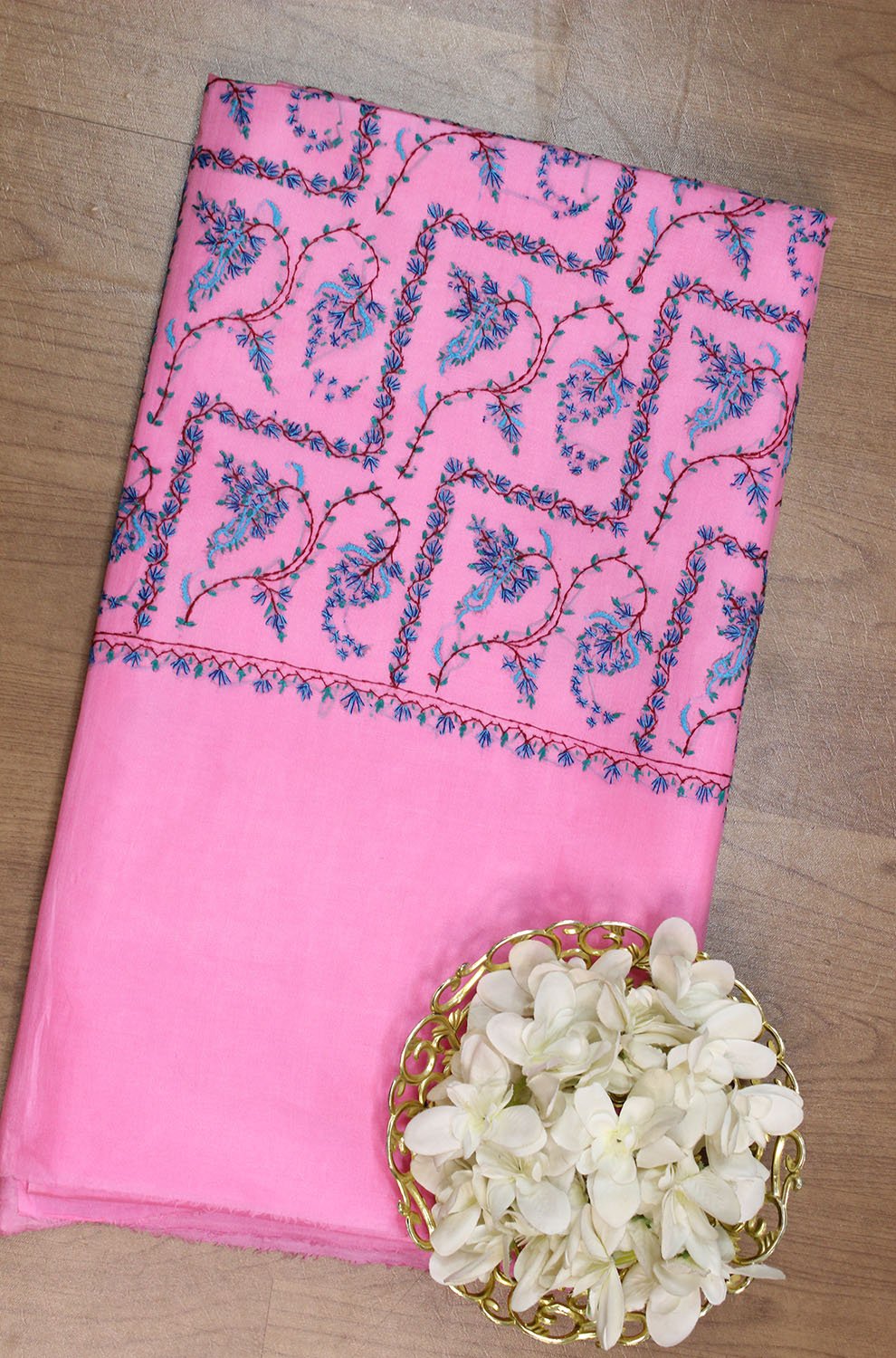Pink Embroidered Kashmiri Sozni Work Pure Silk Saree - Luxurion World