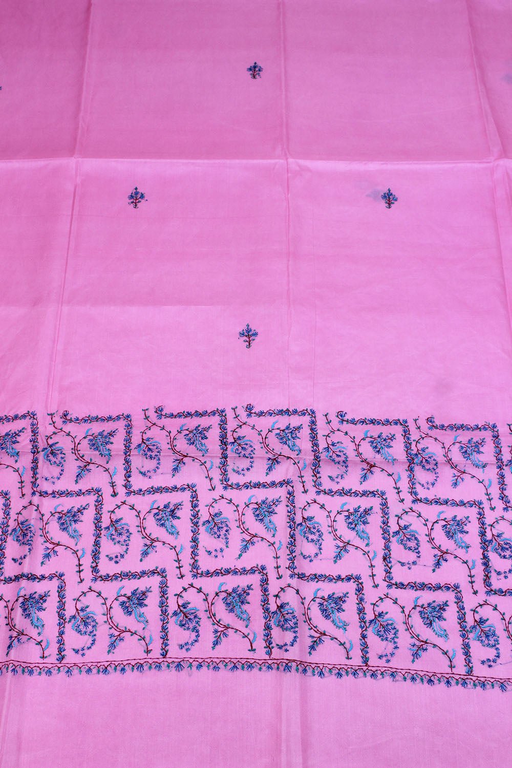Pink Embroidered Kashmiri Sozni Work Pure Silk Saree - Luxurion World