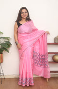Pink Embroidered Kashmiri Sozni Work Pure Silk Saree - Luxurion World