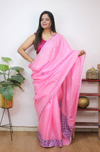 Pink Embroidered Kashmiri Sozni Work Pure Silk Saree - Luxurion World