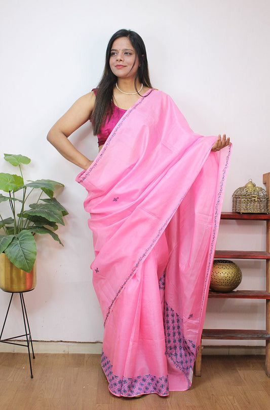 Pink Embroidered Kashmiri Sozni Work Pure Silk Saree - Luxurion World