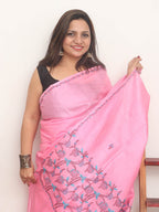 Pink Embroidered Kashmiri Sozni Work Pure Silk Saree - Luxurion World