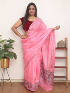 Pink Embroidered Kashmiri Sozni Work Pure Silk Saree - Luxurion World
